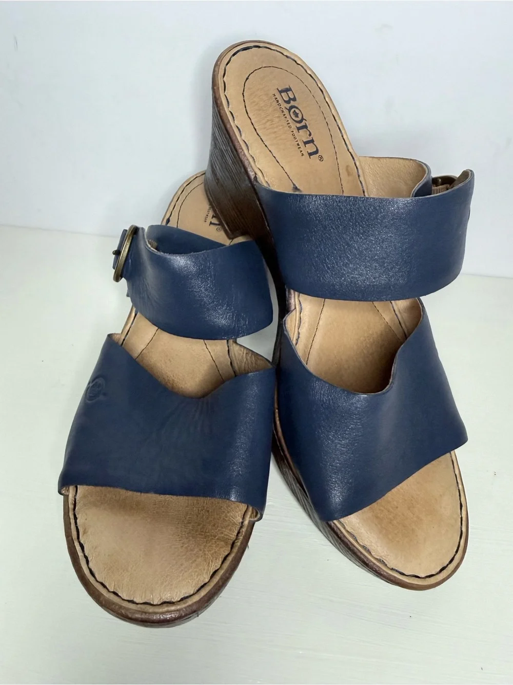 Born Navy Blue Leather Buckled Heel Sandal Boho Size 9